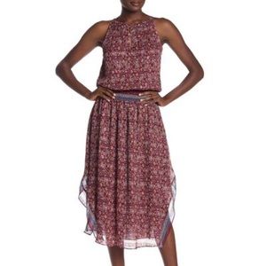 Ramy Brook maren silk print smocked midi floral XS burgundy